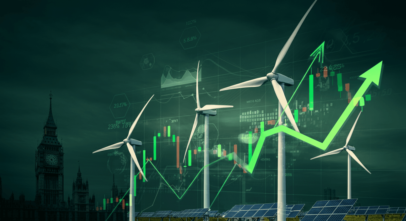 Sustainable finance concept showing renewable energy infrastructure integrated with financial growth charts and investment data
